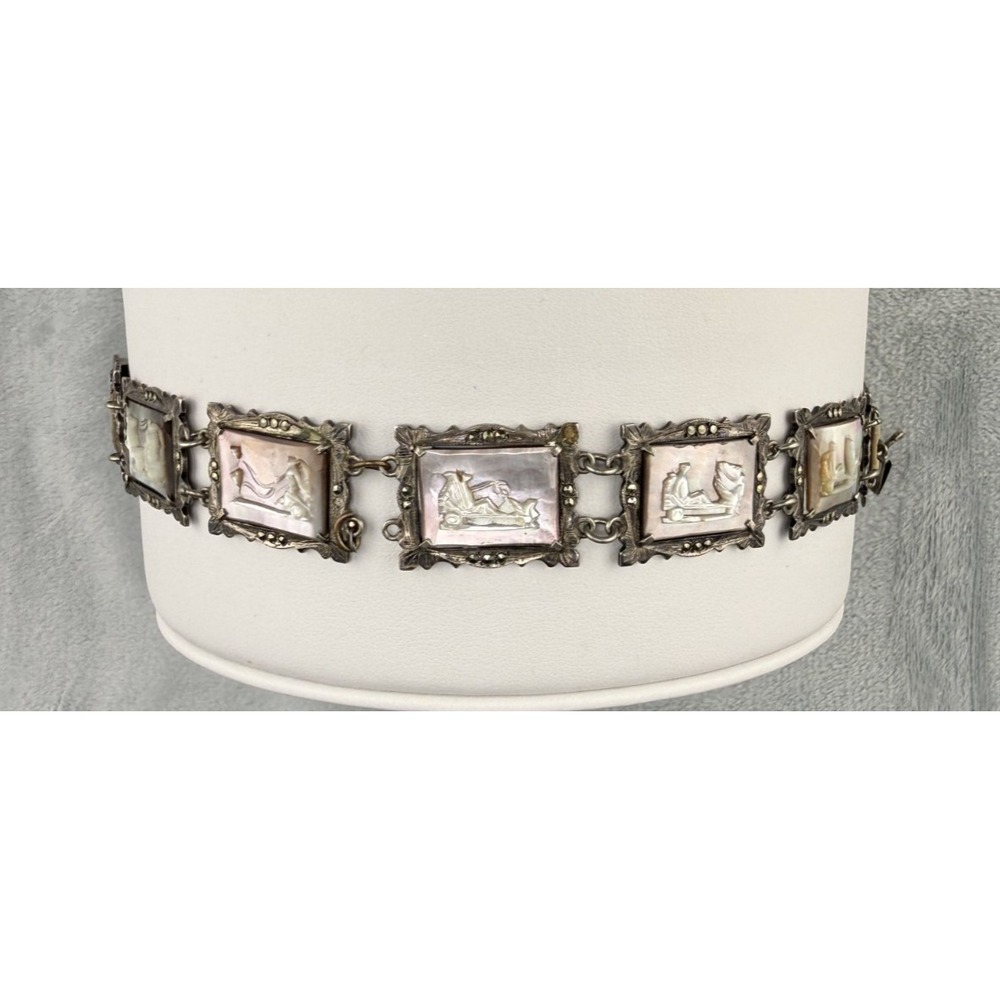 Vintage‎ 800 Silver Carved Mother Of Pearl Bracelet Storyteller Roman Gods READ